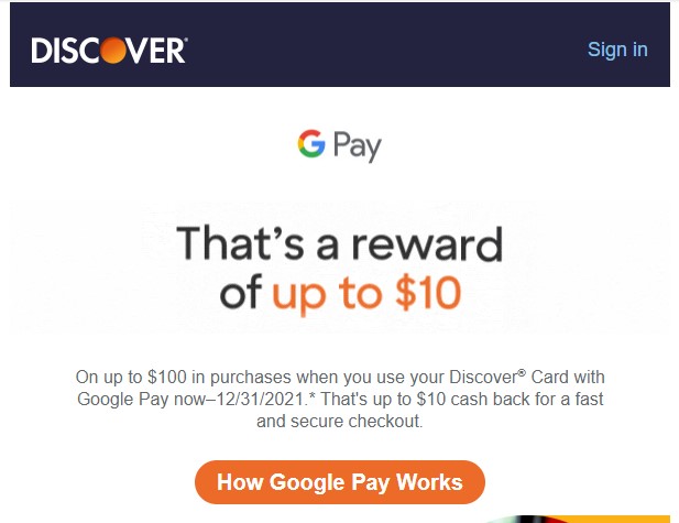 Discover is offering 10% cash back on shopping with Google Pay (YMMV)