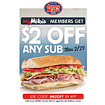 Jersey Mike's Subs Coupon for my Mike's Members: Any Sub $2 Off via Mobile App