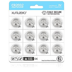 XUNIUZERO 2032 Lithium Battery (12 Pack) Child Safety Features Compatible with AirTag Key Fob Tea Light Candles and Other Devices CR2032 3V Coin Batteries $2.99