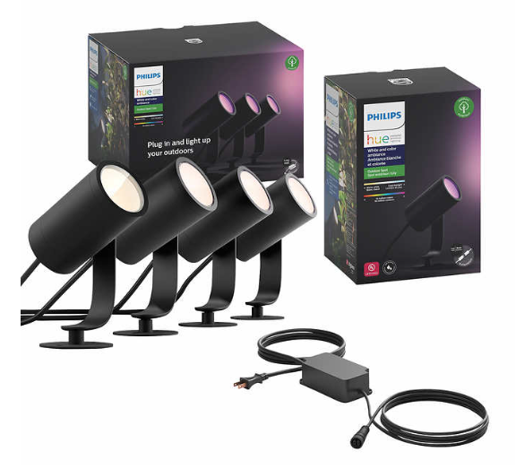 $279 Costco Philips Hue 4pk Lily White and Color Outdoor Spotlight Base Kit Plus Extension $279.99