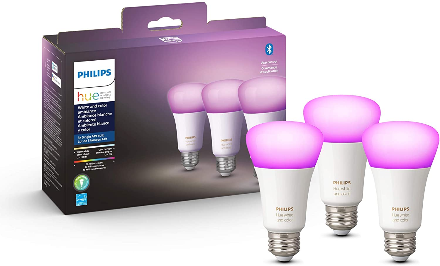 3 Philips Hue White and Color Ambiance A19 E26 LED Smart Bulb $72.24