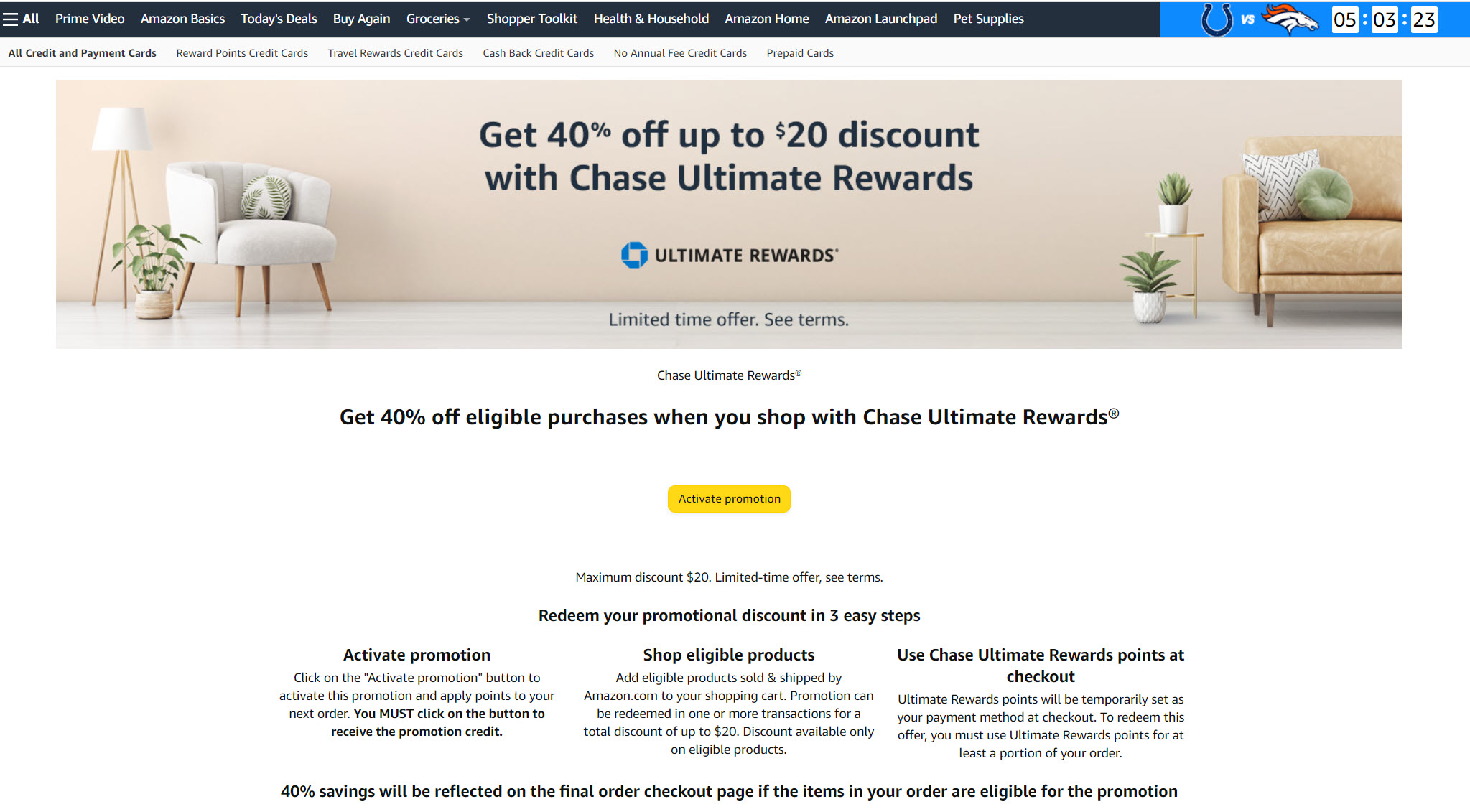 Amazon: Get 40% off eligible purchases when you shop with Chase Ultimate Rewards® (Targeted)