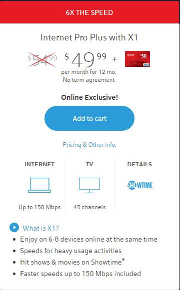Xfinity Internet Pro Plus With X1 Up To 150 Mbps And 45 Channels 50 Gift