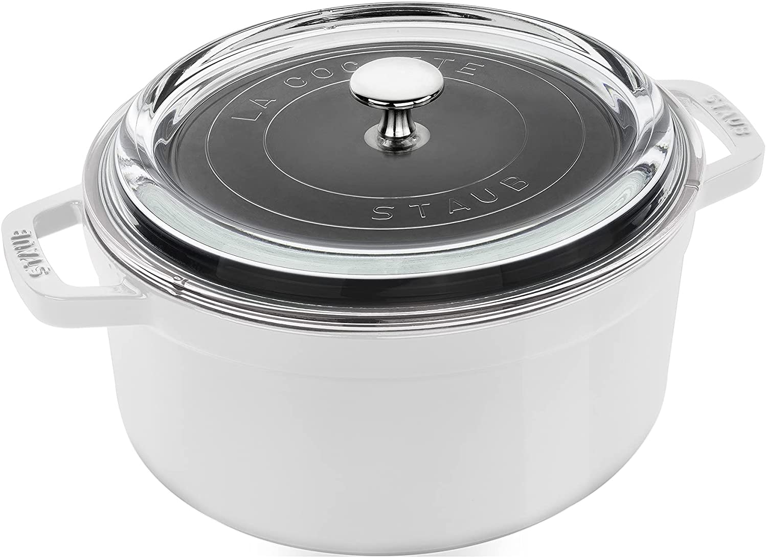 Staub 4qt Cast Iron Round Cocotte w/ Glass Lid in White 98.20 Amazon