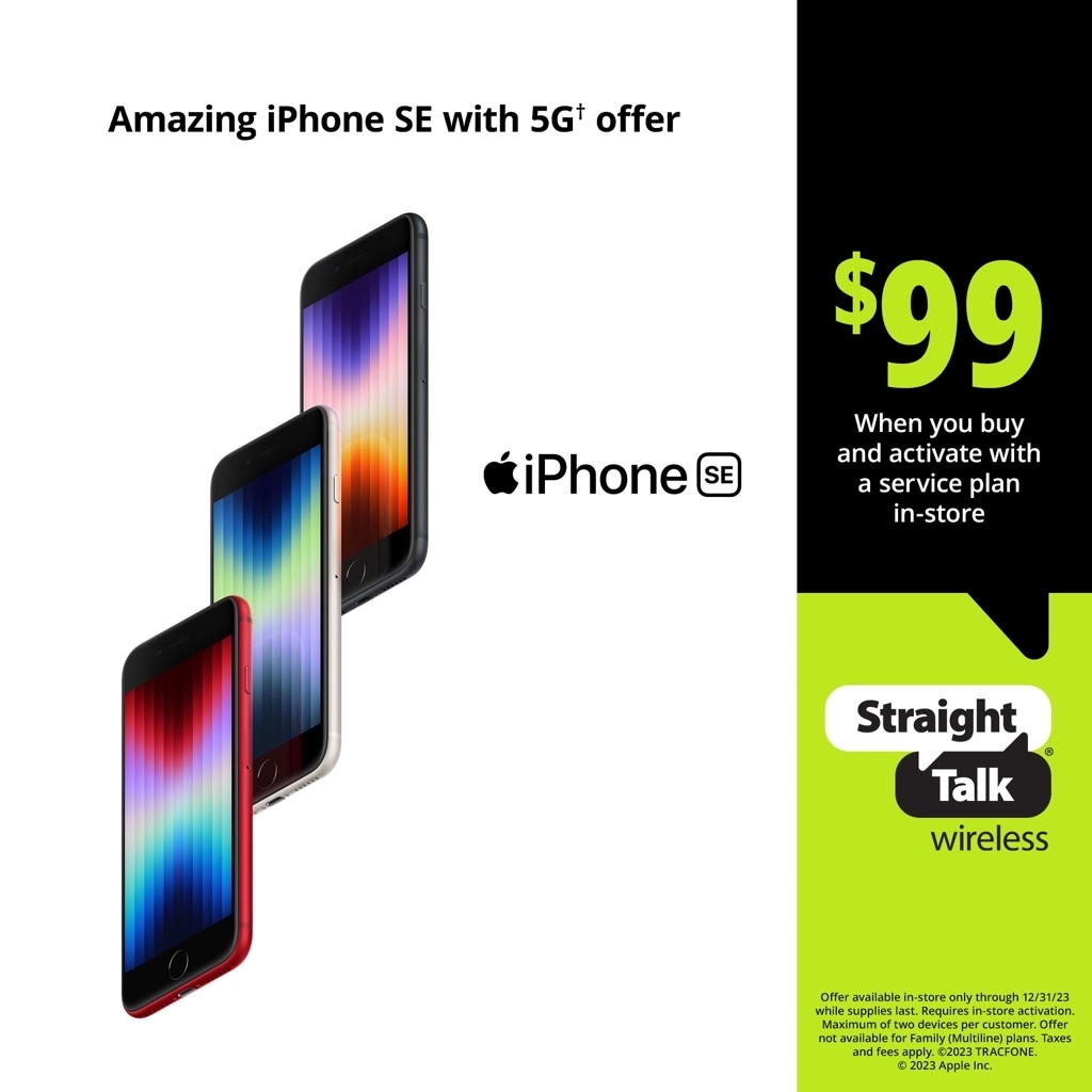 Straight Talk Apple iPhone SE (2022-3rd Gen) 5G, 64GB, Midnight - Prepaid Smartphone [Locked to Straight Talk] - Walmart.com - $99