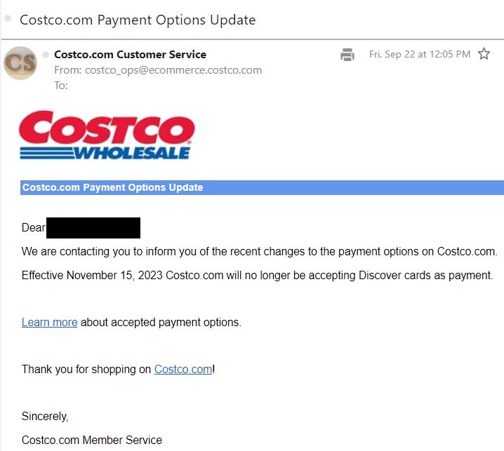 no longer accepts discover payment starting Nov 15