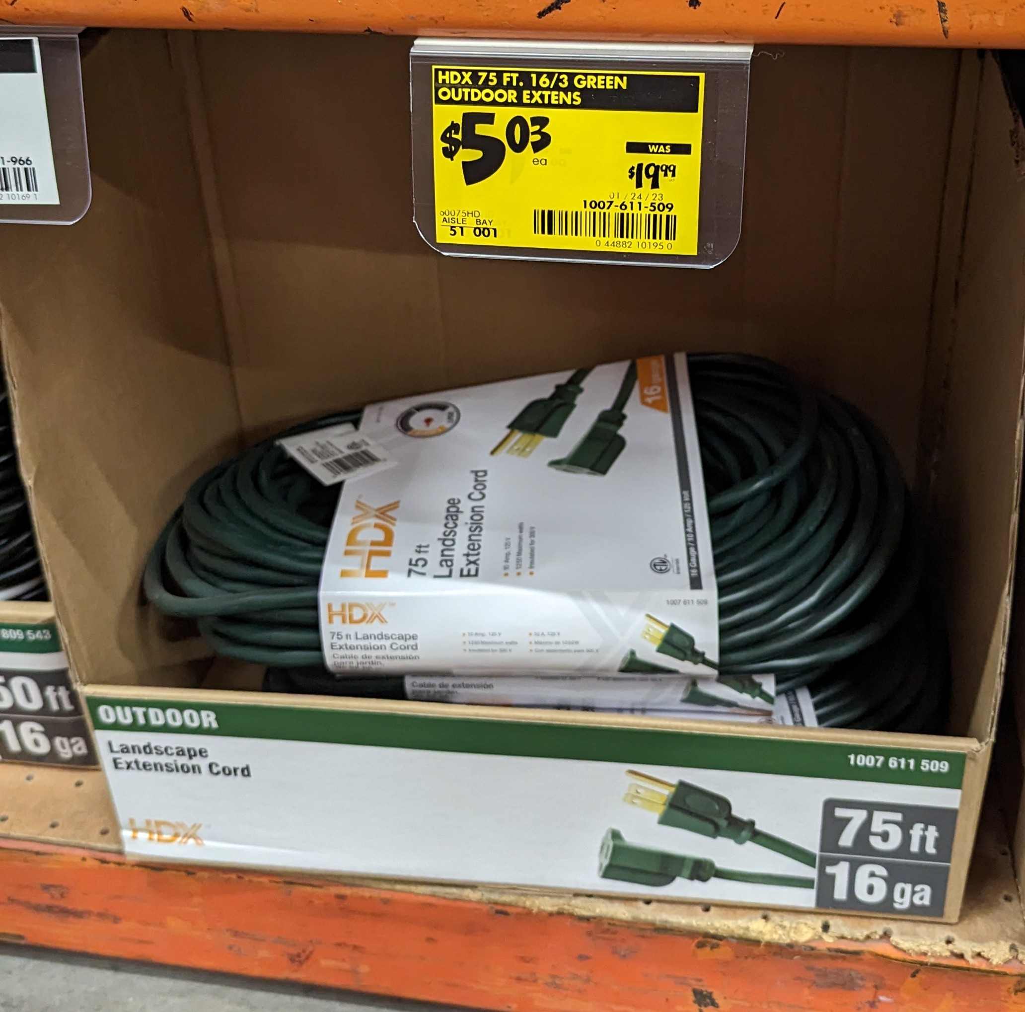 YMMV In-Store Only HDX 75 ft. 16/3 Green Outdoor Extension Cord (1-Pack) $5.03