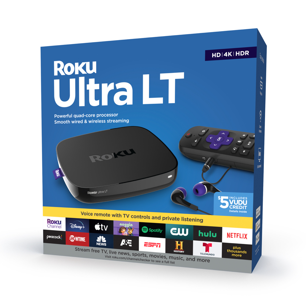 Roku Ultra LT | HD/4K/HDR Streaming Device with Ethernet Port and Roku Voice Remote with Headphone Jack, includes Headphones - $35.00