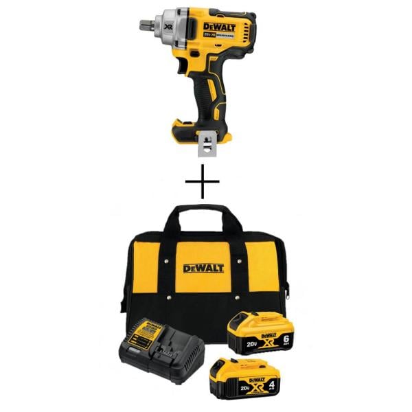 DEWALT 20-Volt MAX Cordless Brushless 1/2 in. Impact Wrench w/Detent Pin(Tool-Only) with 20V 6 & 4Ah Batteries, Charger and Bag $199