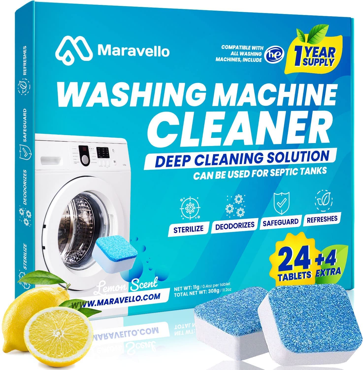 Maravello Washing Machine Cleaner Descaler - 28 Count Deep Cleaning Tablets for He Front Load and Top Load Washers, Mold and Stain Remover for Laundry  (Lemon, 28 Co $12.99