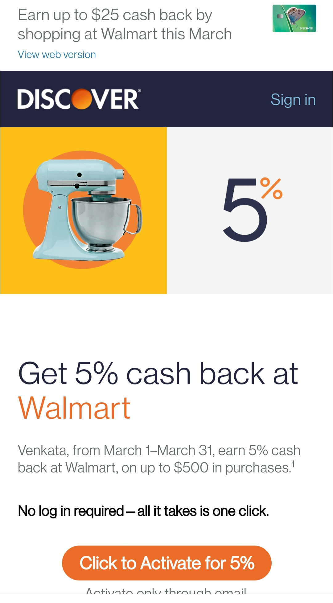 [YMMV] Discover, Activate now to earn 5% cash back on Walmart $0