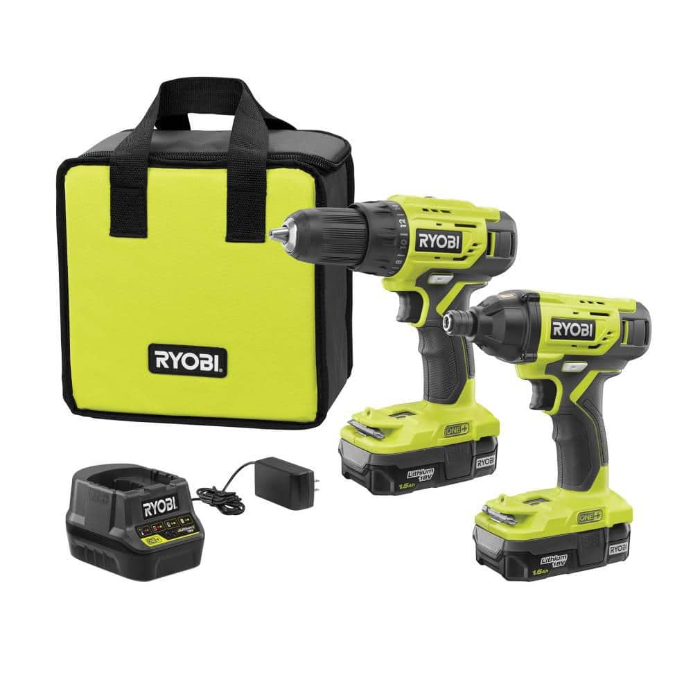 RYOBI ONE+ 18V Lithium-Ion Cordless 2-Tool Combo Kit w/ Drill/Driver, Impact Driver, (2) 1.5 Ah Batteries, Charger and Bag P1817 - The Home Depot $65