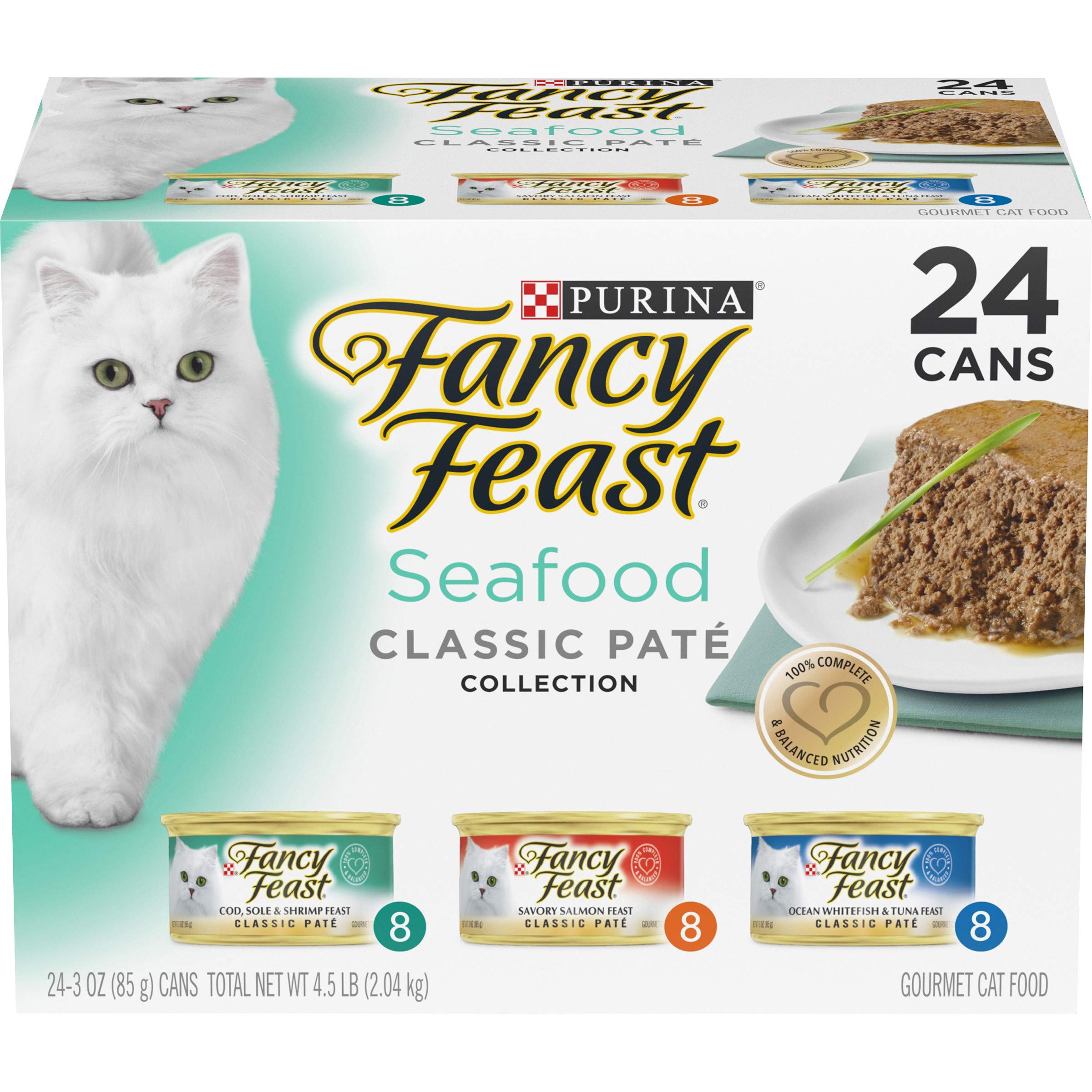 Purina Fancy Feast Grain Free Pate Wet Cat Food Variety Pack, Seafood Classic Pate Collection - (24) 3 oz. Cans $13.43