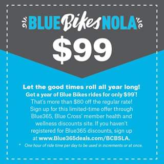 New Orleans Residents and Visitors get an Annual Membership to Blue Bikes Bike Share Program for Only $99 through Blue Cross website