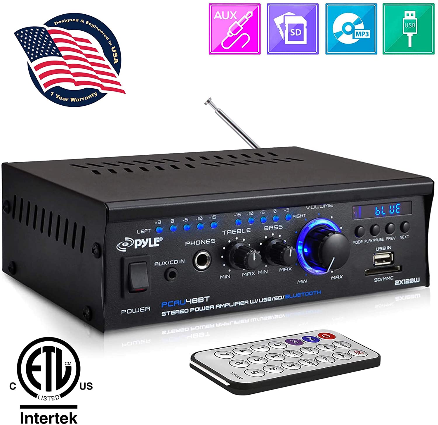 Pyle PCAU48BT Bluetooth Mini Stereo Power Amplifier 2x120W Dual Channel Sound Audio Receiver w/Remote $49.99 shipped