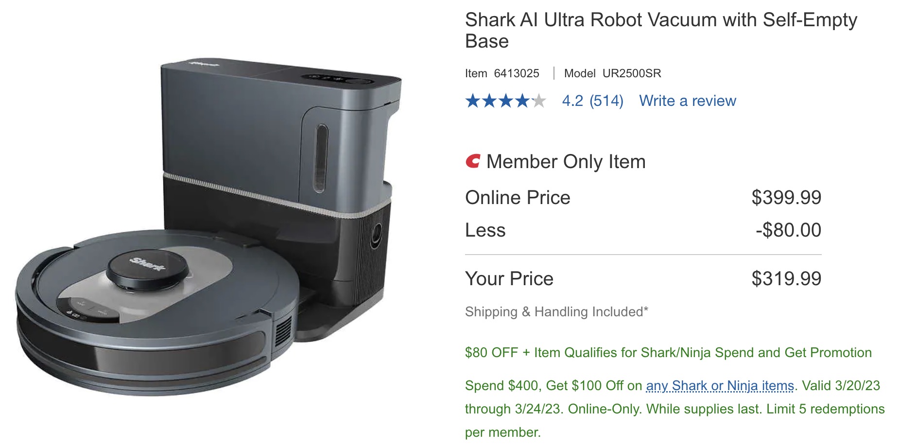 Shark UR2500SR AI Ultra Robot Vacuum + WANDVAC Cord-Free Handheld Vacuum = $319.98