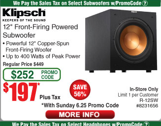 KLIPSCH 12" Front-Firing 400W Max Subwoofer (R-12SW) - $197 (regularly $449) @ Fry's, In-Store only, Email promo code