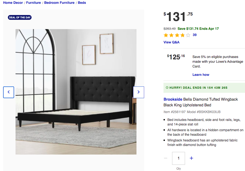 Brookside upholstered bed frame's 50% off @ Lowe's