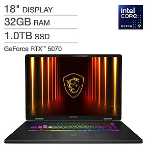 MSI Crosshair 18 HX AI 18" Gaming Laptop - Intel Core Ultra 9 275HX - NVIDIA RTX 5070 - 2560x1600 - 32GB RAM - 1TB SSD - Windows 11 Home $1399.99