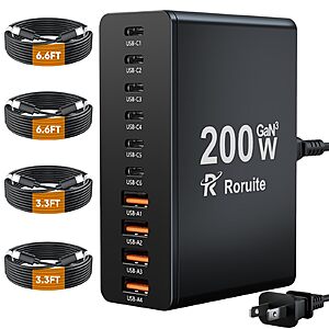 10-Port Roruite 200W USB-C Charger Block w/ 4 Cables (2 Colors) $22.50 