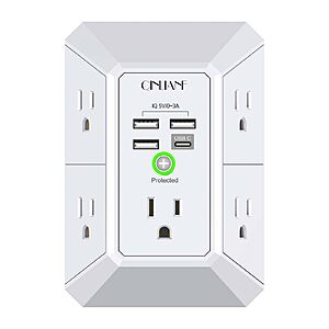 Wall Charger, Surge Protector, QINLIANF 5 Outlet Extender with 4 USB Charging Ports, 3-Sided 1680J Power Strip