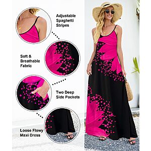 Wolddress Sleeveless Sundress Flowy Party Maxi Dress Adjustable Spaghetti Straps Dress for Daily Wear Work Coffee Shopping $14.98