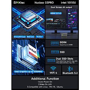 GMKtec G3 Pro Mini PC, Intel Core i3-10110U (Beats 4300U/N150) 16GB DDR4 (Dual Channel) 51