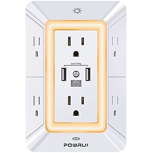POWRUI Multi Plug 6 Outlet Surge Protector Extender with 3 USB Ports (1 USB C) and Night Light, 3-Sided Power 