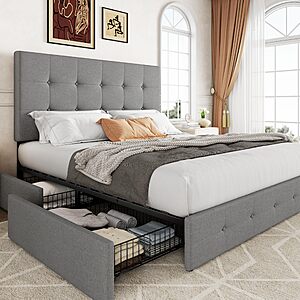 Allewie Upholstered Queen Size Platform Bed Frame with 4 Storage Drawers and Headboard, Square Stitched Button Tufted, Mattress Foundation with Wooden Slats Support $165.59