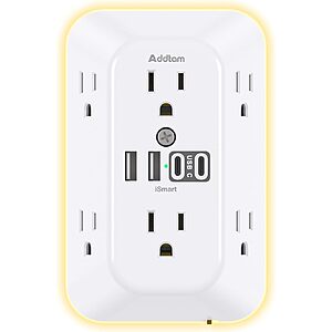 Addtam Surge Protector, 6 Outlet Extender with Night Light and 4 USB Ports | Multi Plug Wall Outlet, Electrica
