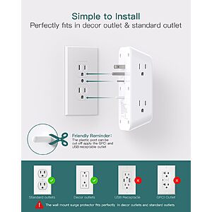 Addtam Surge Protector Outlet Extender, 6-Outlet Splitter with 4 USB Wall Charger(2 USB-C Ports), Multi Plug W