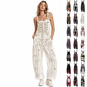 Halloween Costumes Women,Halloween Overalls for Women Skeleton Graphic Jumpsuit Spaghetti Strap Wide Leg Rompers Pants with Pockets $4.83
