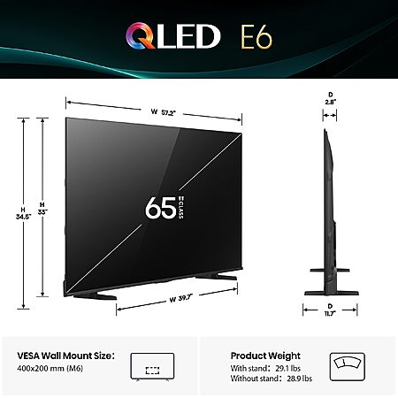 Hisense 65" E6 Cinema Series QLED 4K UHD Smart Fire TV (65E6QF, 2025 Model) - QLED, AI Light Sensor, Dolby Vision · Atmos, Voice Remote with Alexa, Motion Rate 120, HDR 10+ $367.99