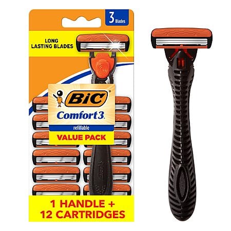 BIC Comfort 3 Refillable Three-Blade Razor for Men, Sensitive Skin Razor For a Comfortable Shave, 1 Handle and 12 Cartridges, 13 Piece Razor Set $8.42