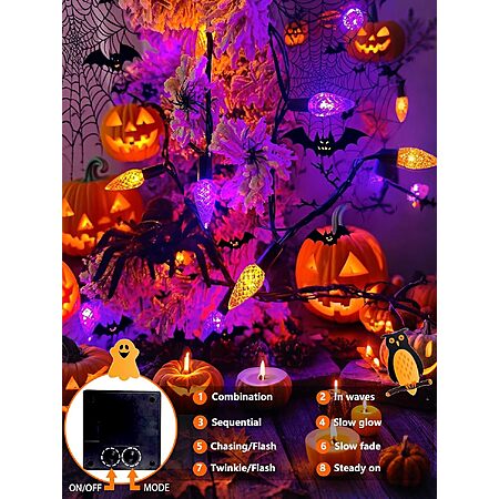 100 LED C6 Solar Halloween Lights Outdoor 33FT String Lights Orange Purple