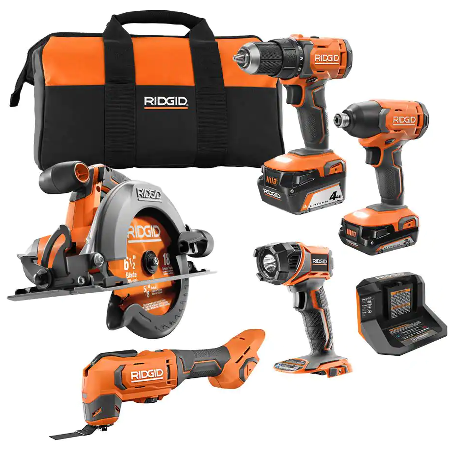 RIDGID 18V Cordless 5-Tool Combo Kit with (1) 2.0 Ah Battery, (1) 4.0 Ah Battery, Charger, and Bag $219 at Home Depot