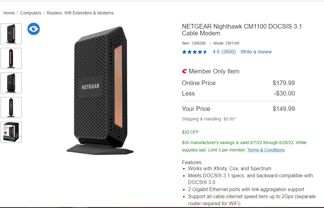 Costco NETGEAR Nighthawk CM1100 DOCSIS 3.1 Cable Modem - $149.99 was $179.99 (Member Only Item)