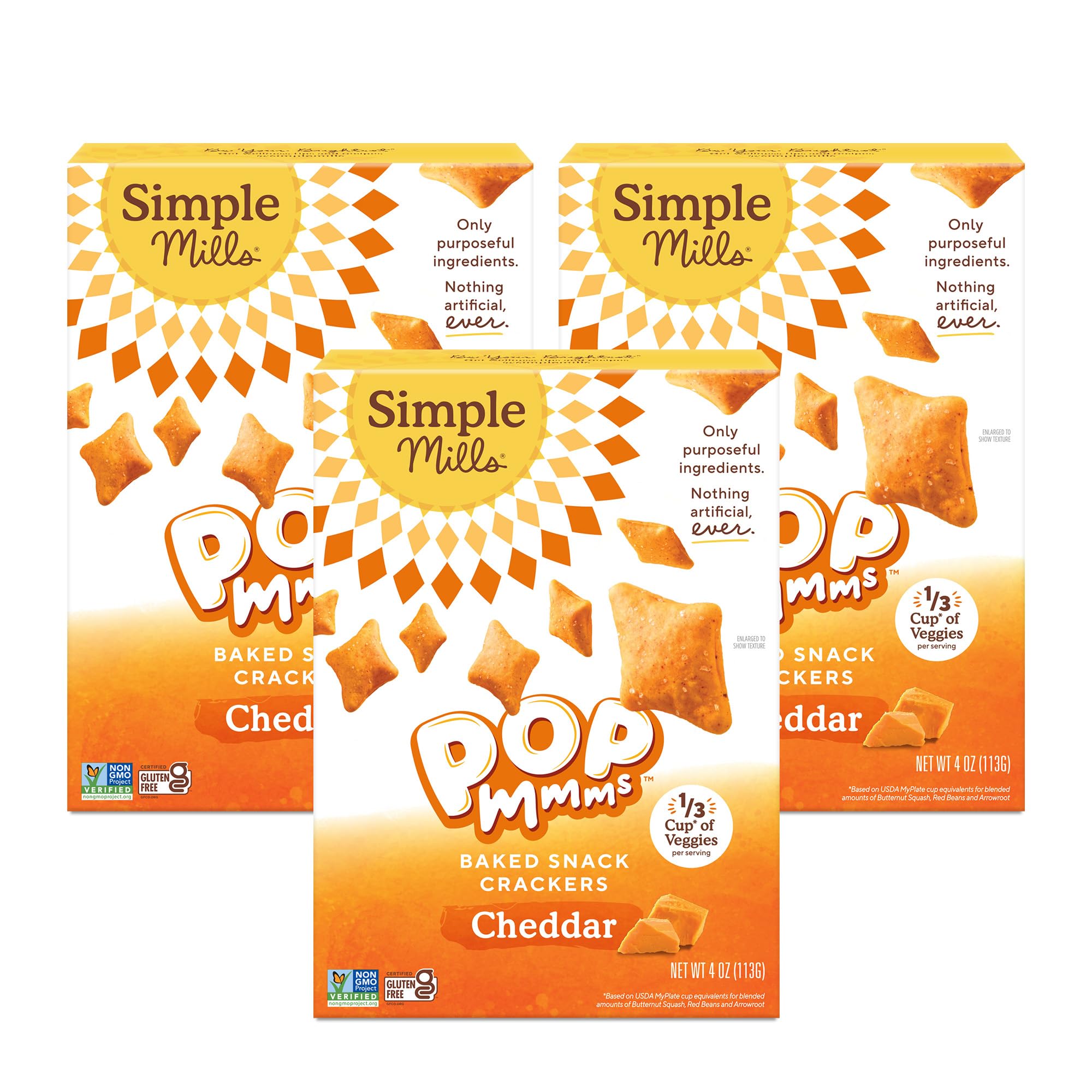 $8.91 w/ S&S: Simple Mills Pop Mmms Cheddar Veggie Flour Baked Snack Crackers, Gluten Free, 4 Ounce (Pack of 3)