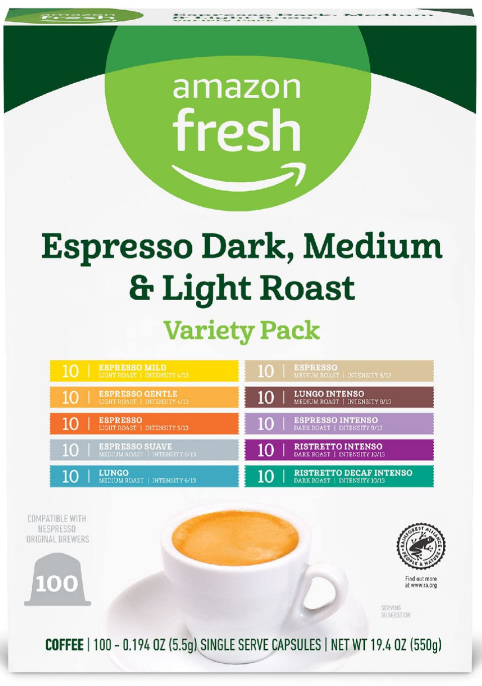 Amazon Fresh Espresso Dark, Medium & Light Roast Aluminum Capsules Nespresso Original pods, Variety Pack, 100 Count $18.11 Amazon S&S YMMV