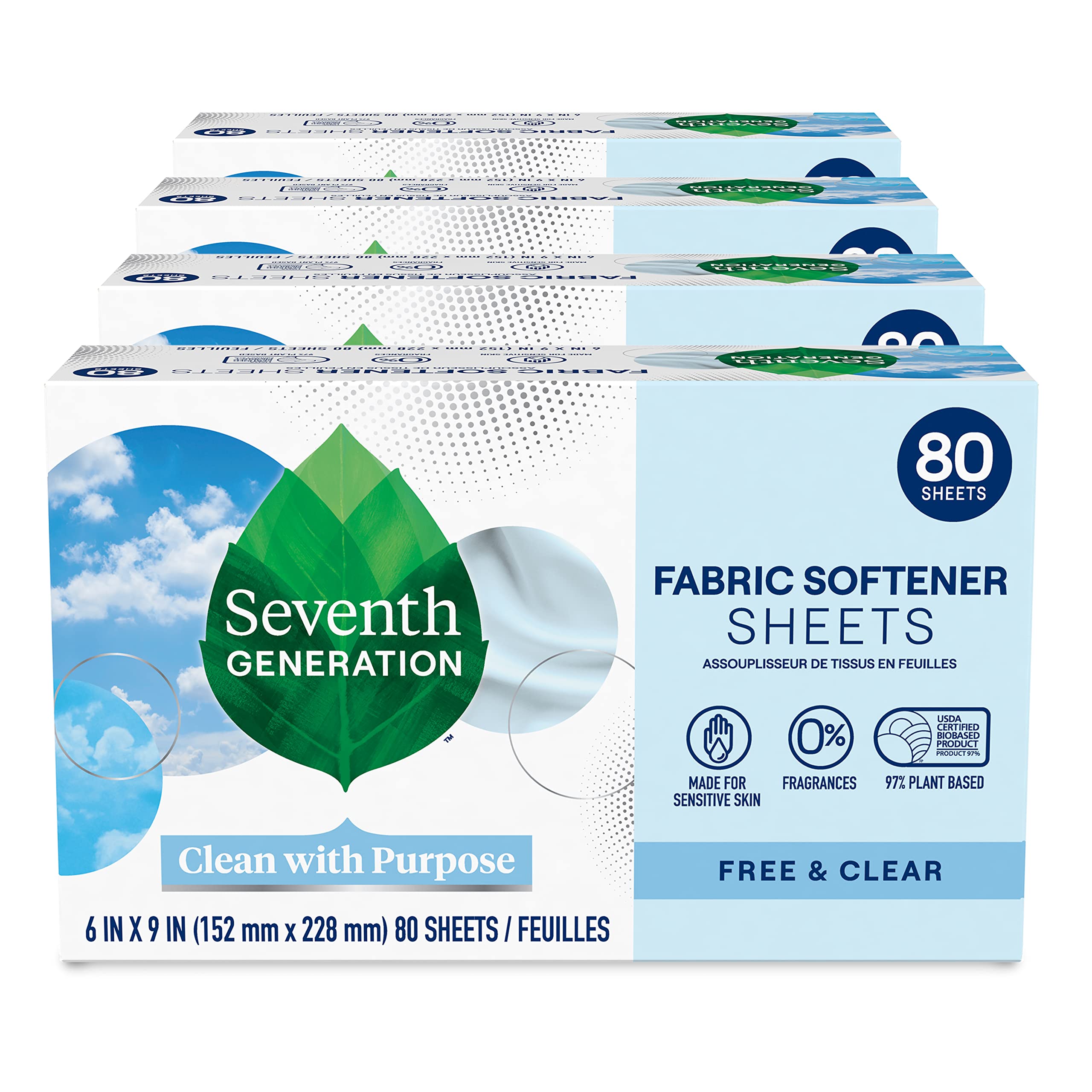 $16.02 w/ S&S: Seventh Generation Dryer Sheets Fabric Softener Free & Clear Fragrance Free 80 Sheets (Pack of 4) at Amazon
