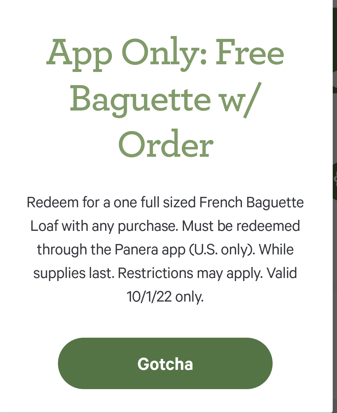 Panera Free Baguette with purchase in app