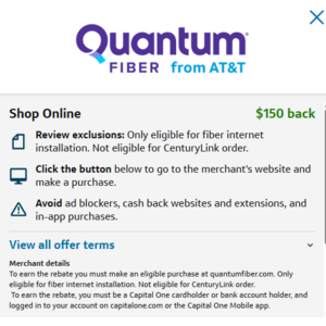 $150 Back on Quantum Fiber Installation via Capital One Offers - 1 gig $45 and 2 gig $70 YMMV