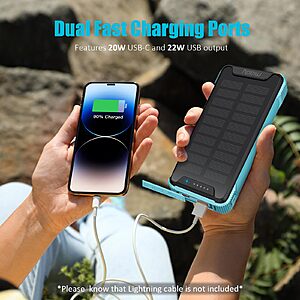 Miady 20000mAh Wireless Solar Power Bank USB-C 20W Fast Charging, Waterproof Battery Pack Charger for Outdoor Camping, Compact Solar Portable Charger  9.97 Each AC