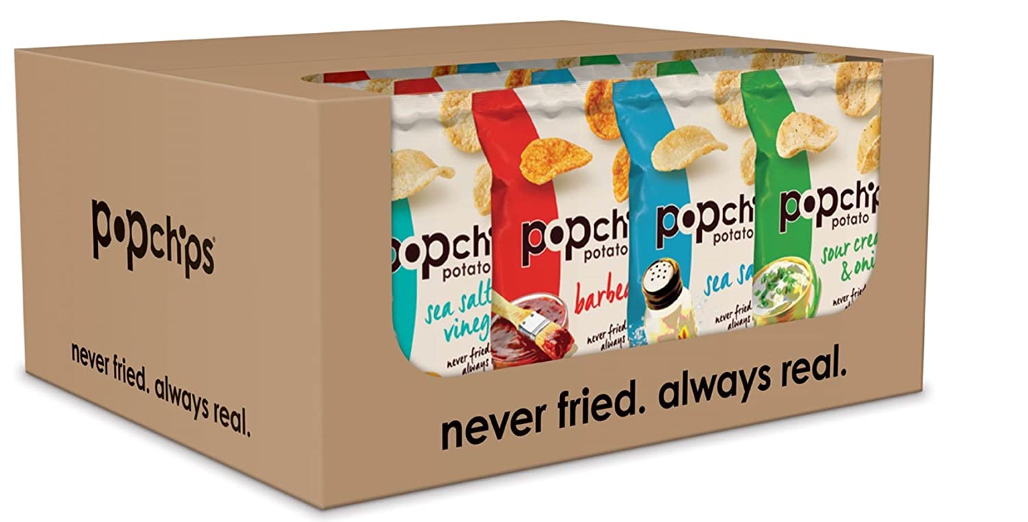 Popchips Potato Chips, Variety Pack, 24 Count (Single Serve 0.8 oz Bags), 4 Flavors: 8 Sea Salt, 8 BBQ, 4 Sour Cream & Onion, 4 Salt & Vinegar $9.93