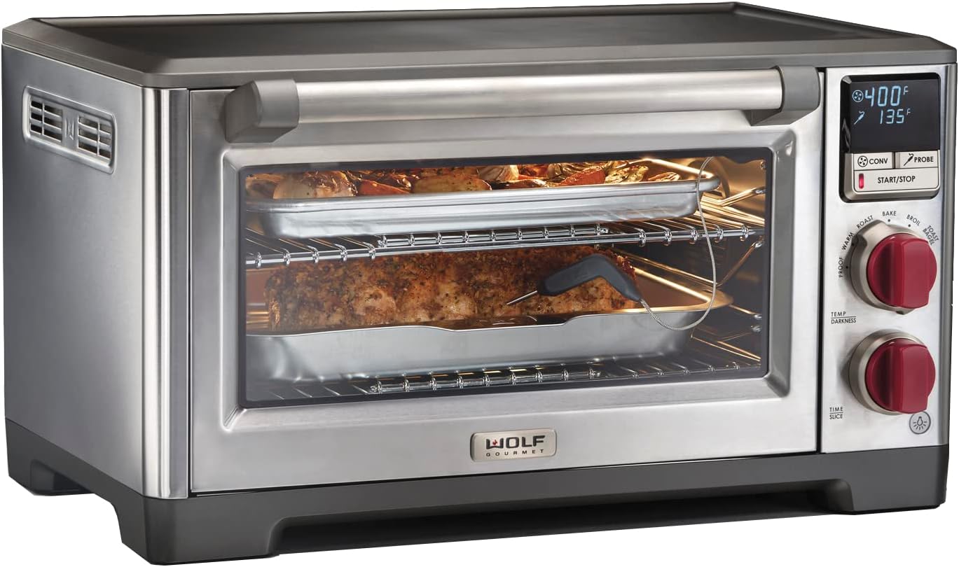 Amazon.com: Wolf Gourmet Elite Digital Countertop Convection Toaster Oven with Temperature Probe, Stainless Steel and Red Knobs (WGCO150S) $550