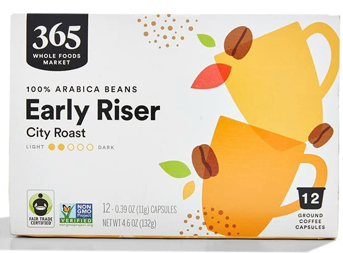 $3.34: 365 by Whole Foods Market, Coffee Early Riser City Roast Pods 12 Count, 4.6 Ounce (27.8¢/pod)