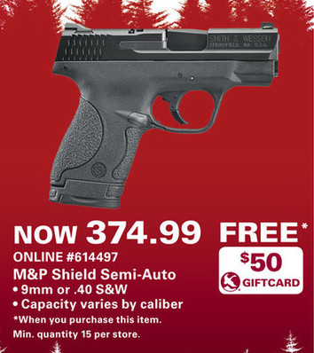 Gander Mountain Black Friday: Smith & Wesson M&P Shield Semi-Auto 9mm or .40 S&W Handgun + $50 ...