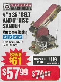 Harbor Freight Black Friday: Central Machinery 4&quot; x 36&quot; Belt and 6&quot; Disc Sander for $57.99 ...