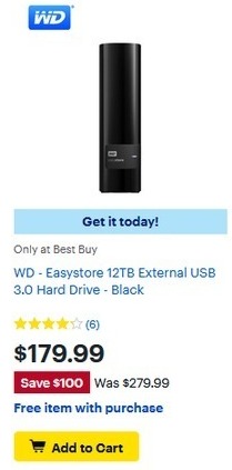Best Buy Black Friday: Western Digital Easystore 12TB External USB 3.0 Hard Drive, Black for $179.99