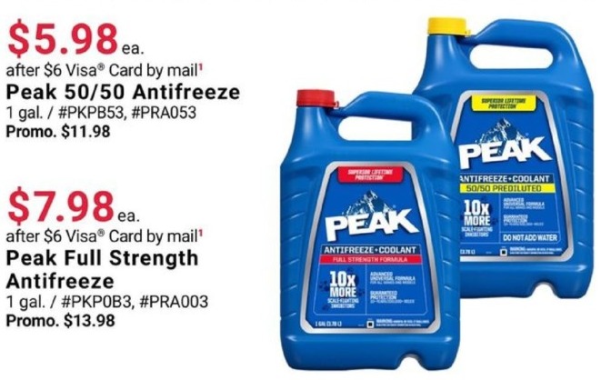Pep Boys Black Friday: Peak 50/50 Antifreeze, 1 Gal for $5.98 after $6 rebate